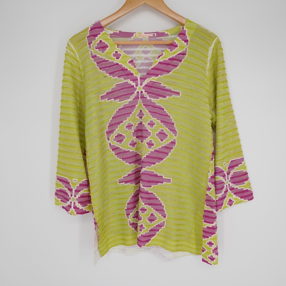 Before + Again Boho Tunic Top Womens L Banda Print Pleated Thermal Long Sleeve